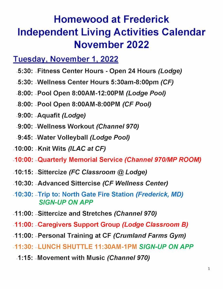 November Activities Calendar